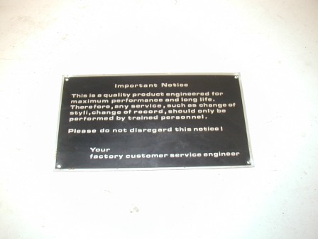 NSM City 4 Jukebox Important Notice Plate (Item #36) $19.99